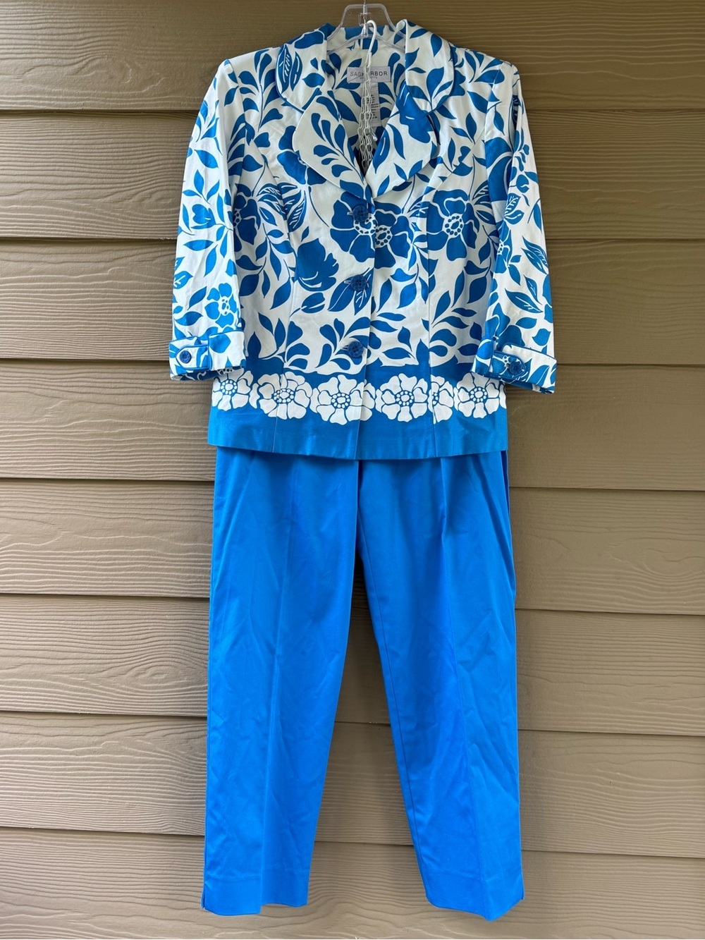 Sag Harbor Summer Spring 2pc Blazer Pant Suit Blue White Floral Cotton Stretch